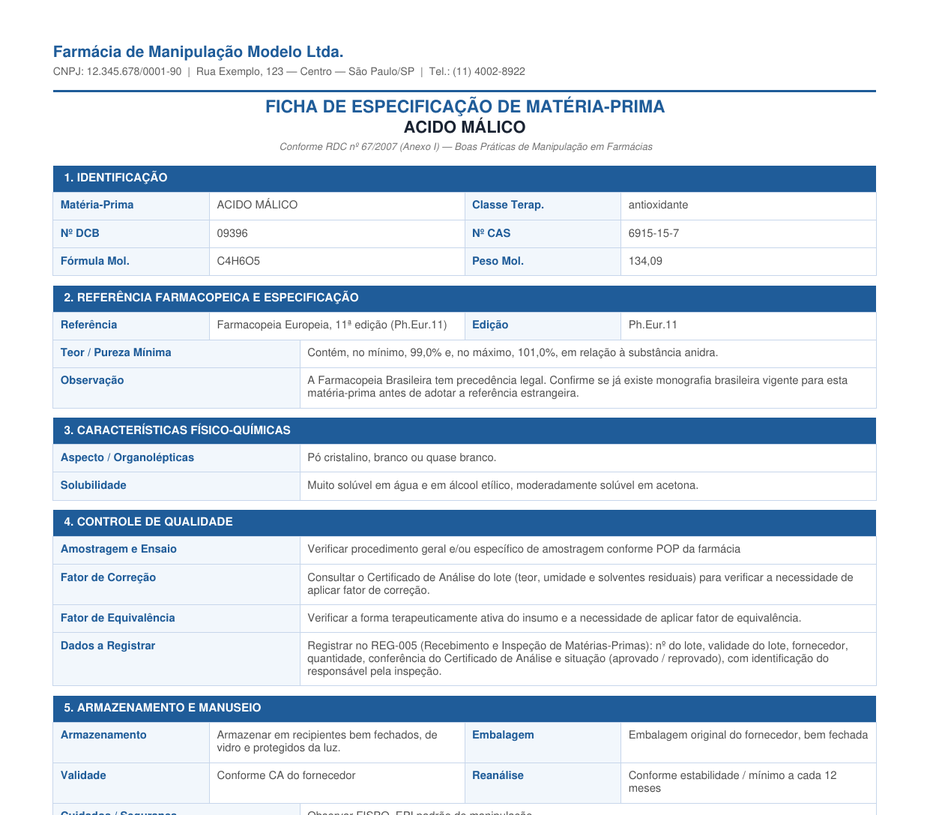 Exemplo de ficha de especificação de matéria-prima gerada com os dados da farmácia